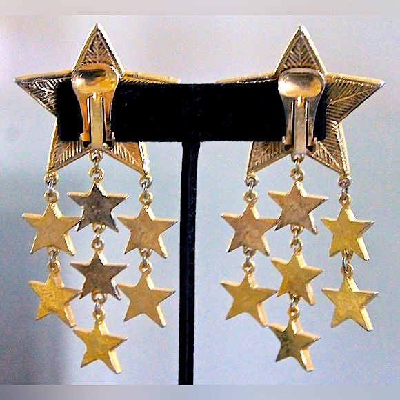 TARA STARS EARRINGS DANGLE CLIP ON VINTAGE SAMPLE - Picture 4 of 5